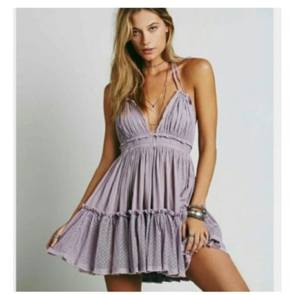 Dobby Mesh Net Polka Dot Lace Hem Mini Slip Sundress L Halter Ruffle Layer Grey